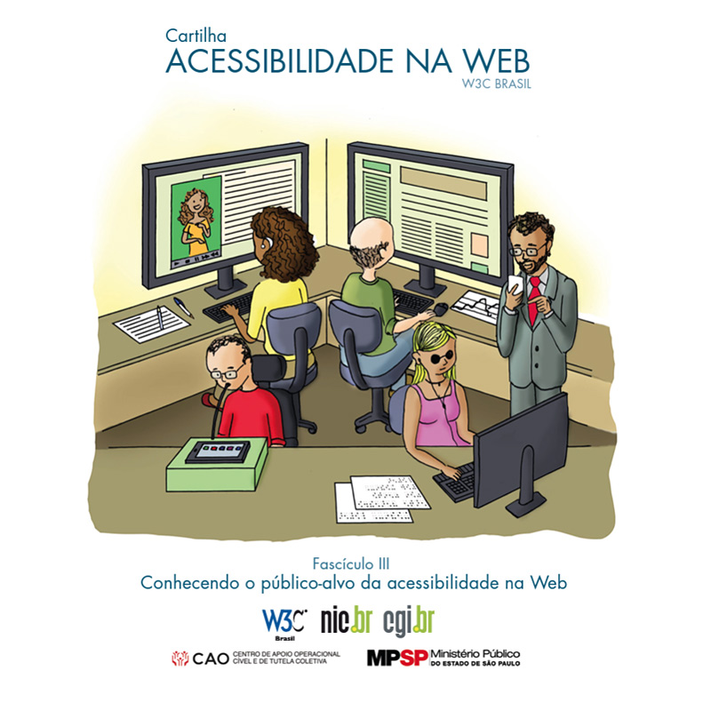 Capa do Fascículo 3 da Cartilha com pessoas diversas trabalhando com recursos de tecnologia assistiva.