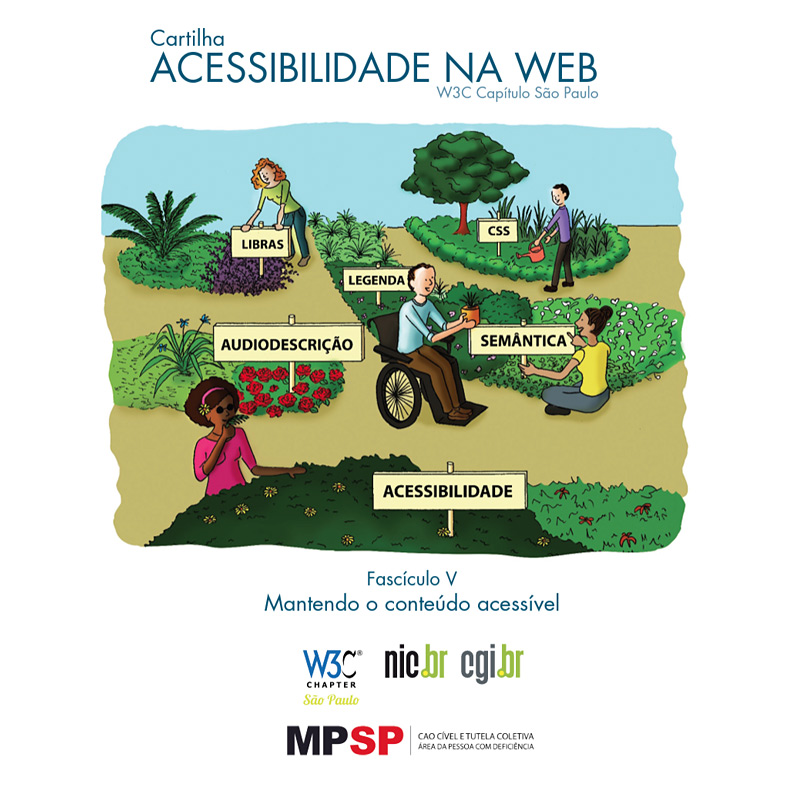 Capa do Fascículo 5 da Cartilha. Pessoas em jardim e placas de palavras ligadas à web e acessibilidade.