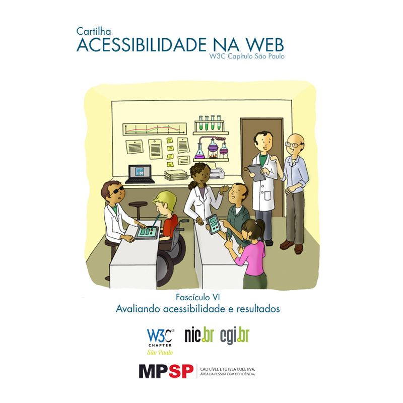 Capa do Fascículo 6 da Cartilha mostra pessoas com deficiência fazendo testes em um laboratório.