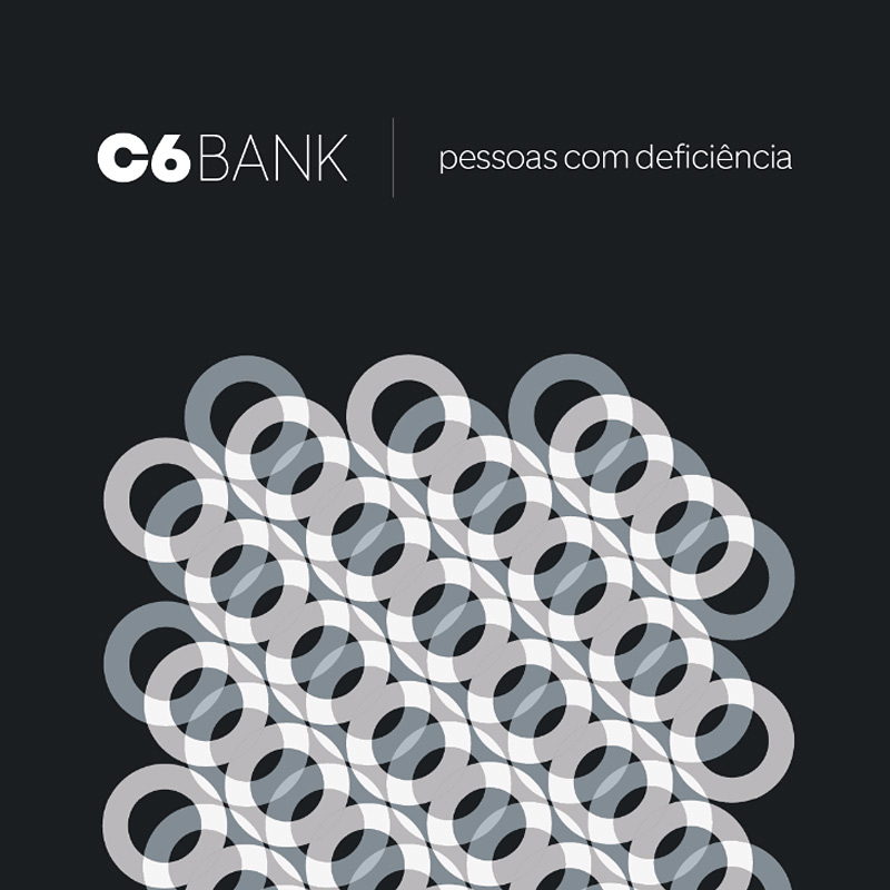 Capa da cartilha C6 Bank pessoas com deficiência. Argolas brancas se entrelaçam sob fundo preto.