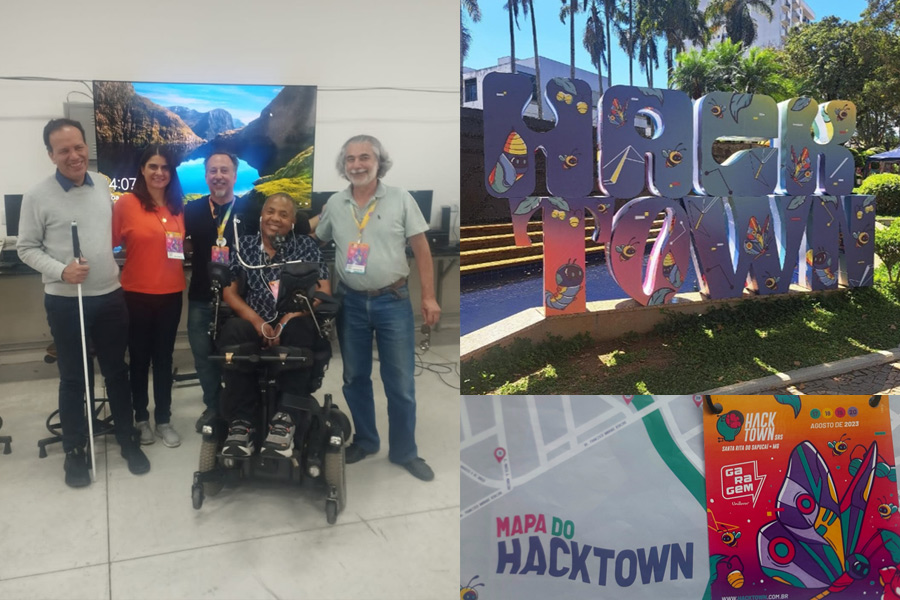 Mosaico com 3 fotos. Na primeira, equipe de palestrantes do Hack Town 2023. Na segunda, placa com letras grandes e coloridas do Hack Town. Na terceira, foto do mapa e do crachá do evento.