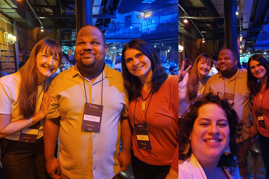 Duas fotos coladas: Na primeira, Jeniffer Deus, Diego Conceição e Cláudia Nascimento. Na segunda, as mesmas pessoas e Ana Clara Schneider à frente.