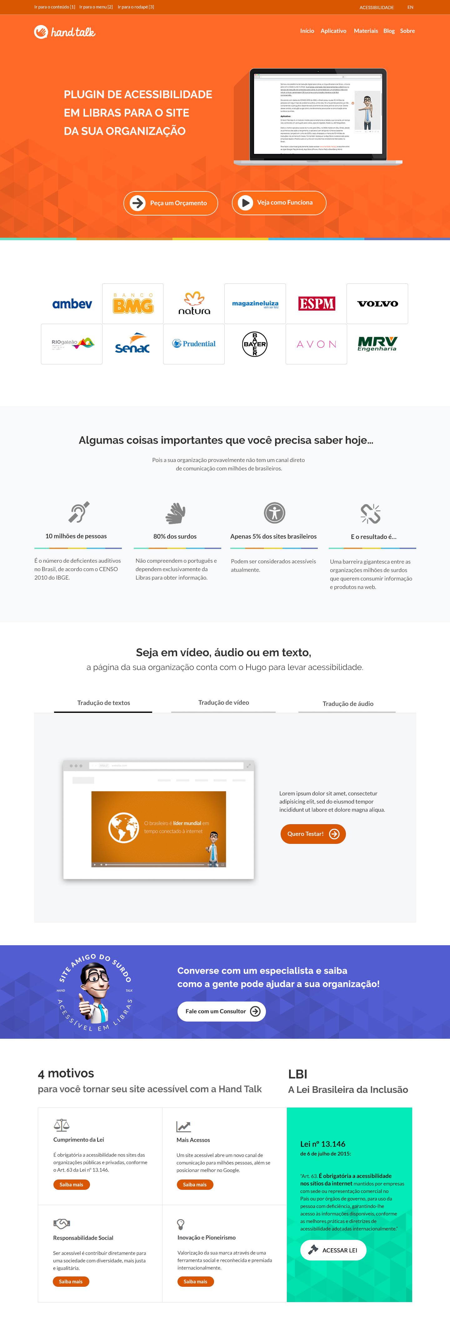 Imagem da página inicial do website criado para a Hank Talk em tons de laranja.