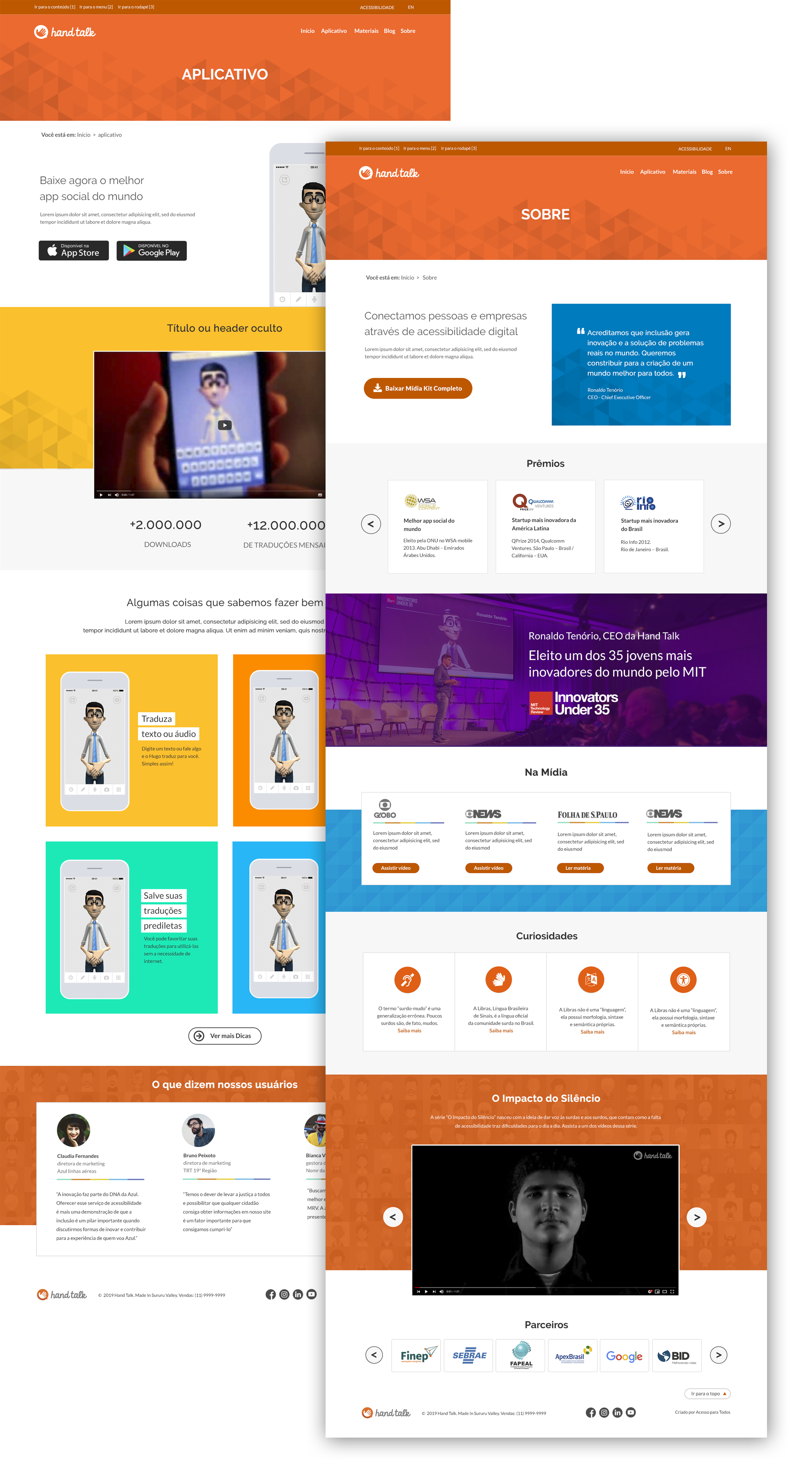 Imagem da página Aplicativo e da página Sobre a empresa sobreposta a ela.