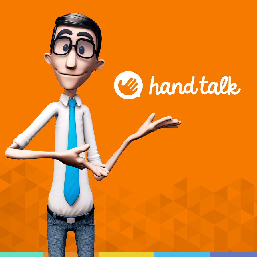 Hugo, avatar de Libras da Hand Talk, estende às mãos e mostra logo da empresa sob fundo laranja.