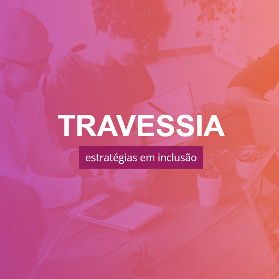 Texto Travessia estratégias em inclusão sob fundo em tons de rosa com foto bem clara de pessoas.